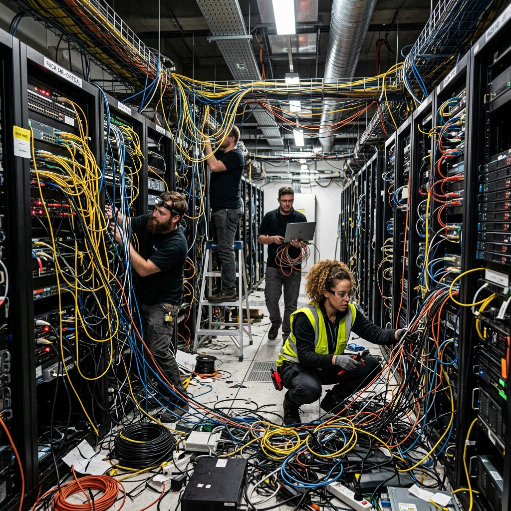 Technicians connecting and managing cables in a data center with server racks